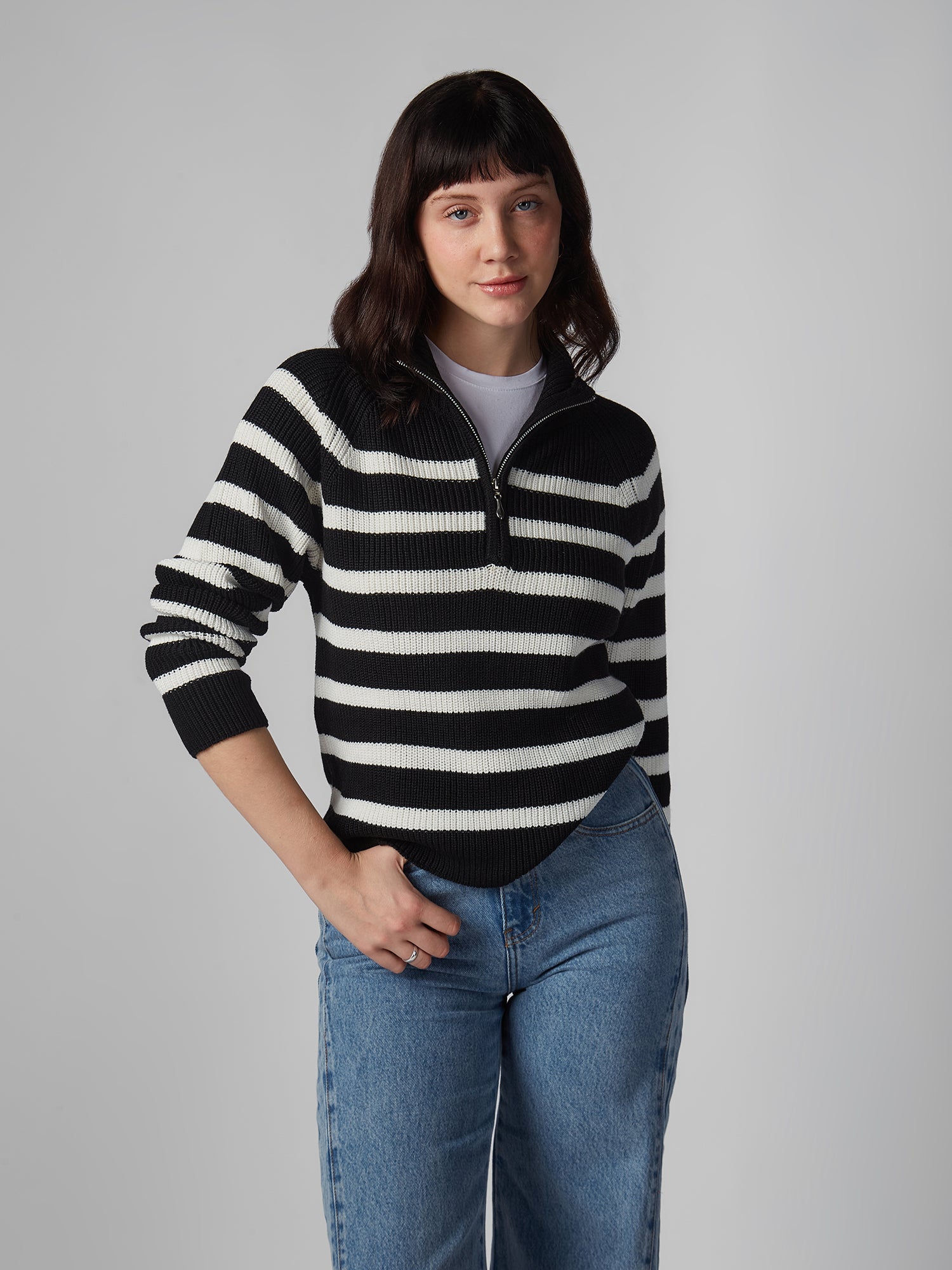 Chompa para Mujer DVK MEDIUM STRIPED QUARTER ZIP NGR DVK